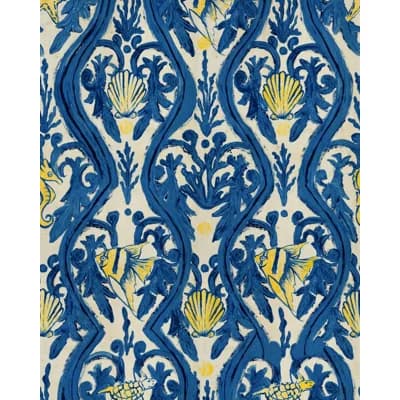 Sundance Villa Damask Non-Pasted Matte Wallpaper Roll — Taupe,Yellow,Indigo