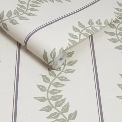 Graham & Brown Laurel Leaf Stripe Mauve & Sage Wallpaper — Green