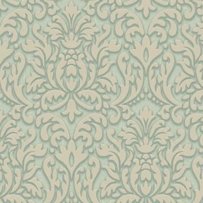Damask Pre-Pasted Matte Wallpaper Double Roll — Aqua,White