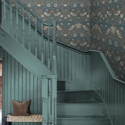 William Morris Strawberry Thief Washed Blue Wallpaper — Blue