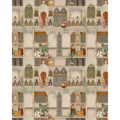 Tales of Maghreb Non-Pasted Satin and Matte Wallpaper Roll — Blue,Green,Red,Taupe
