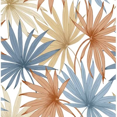 Tropic Palm Toss Luxe Haven Peel and Stick Wallpaper — Charlotte Blue,Soft Melon