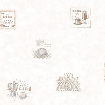 Just Kitchens Coffee Motif 33' L x 21" W Wallpaper Roll — Beige,Taupe