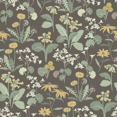 Ingrid Floral Non-Pasted Wallpaper Roll — Charcoal,Sage,Yellow
