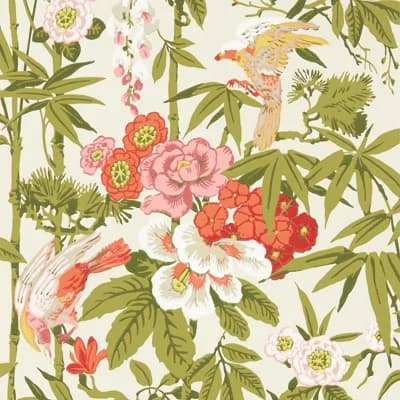 Bamboo & Birds Wallpaper — Mandarin Red,Olive