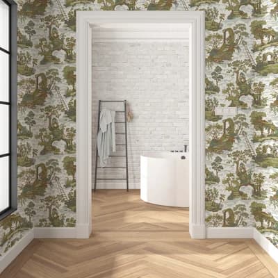 Josephine Munsey Juniper Toile Matte Wallpaper Roll by Josephine Munsey — Green,Brown,Ivory