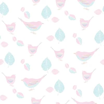 Just 4 Kids 2 Birds and Leaves Design 33' L x 21" W Wallpaper Roll — Pink,Aqua,White