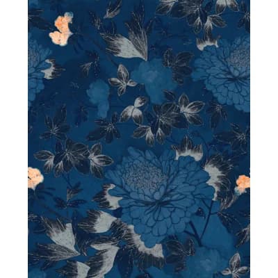 Chinese Garden Floral Non-Pasted Satin and Matte Wallpaper Roll — Indigo Blue,Light Blue,Peach