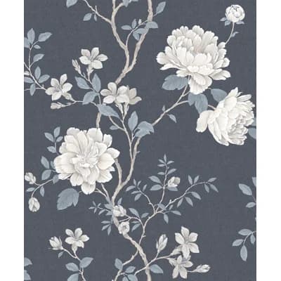 Vintage Roses Magnolia Trail Design 33' L x 21" W Wallpaper Roll — Dark Blue,Beige