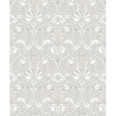Spring Thicket Dove Tulip Damask Wallpaper — Gray