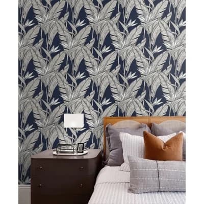 The Sojourn Floral Vinyl Peel & Stick Metallic Wallpaper Roll — Navy Blue,Metallic Pewter