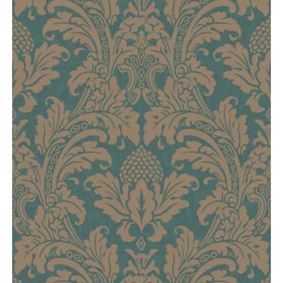 Blake Damask Non-Pasted Wallpaper Roll — Teal,Silver