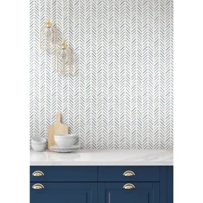 Premium Peel + Stick Watercolor Botanicals Chevron Peel & Stick Wallpaper Roll — Navy