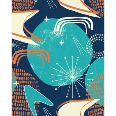 Revival (Mid Century Modern) Abstract Non-Pasted Matte Wallpaper Roll — Blue,Orange,Taupe