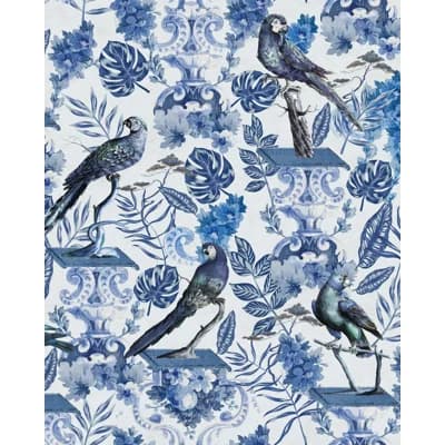 The Transylvanian Manor Floral Non-Pasted Matte Wallpaper Roll — White,Indigo Blue
