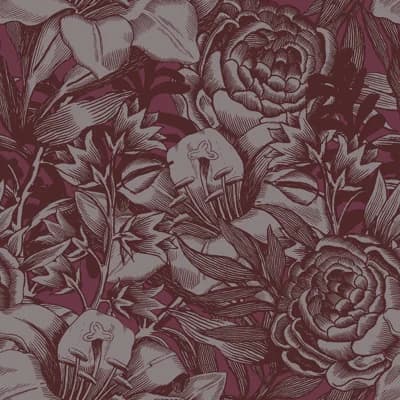 Woodcut Wallflowers 33' L x 20.5" W Wallpaper Roll — Wine