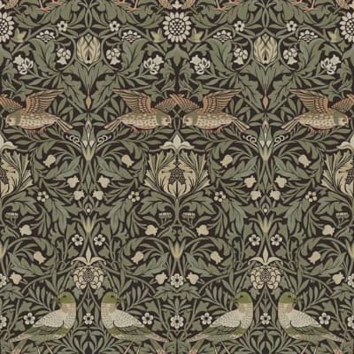 Bird Brown Floral Thicket Wallpaper — Green