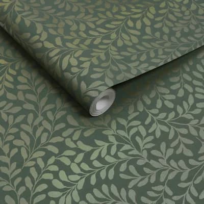 Graham & Brown Gilded Leaf Olive Wallpaper — Green