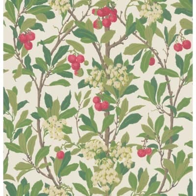 Strawberry Tree Floral Non-Pasted Wallpaper Roll — Scarlet,Ivory