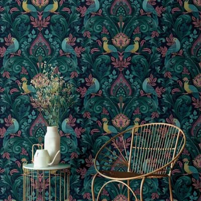 Arcadia Collection Damask Bird Medallion Wallpaper Roll — Blue,Yellow