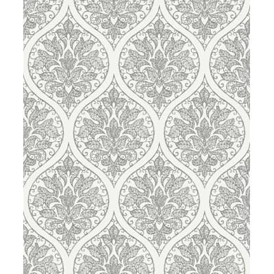 Emporium Metallic Ogee Damask 3D Embossed 33' L x 21" W Wallpaper Roll — Silver,Cream