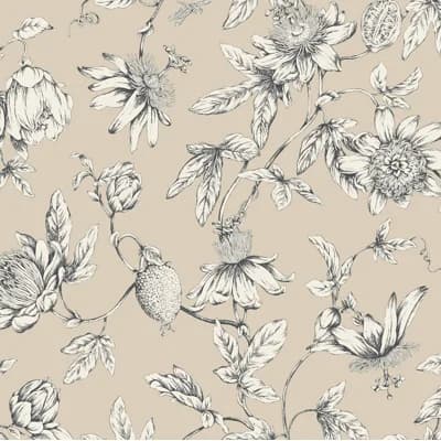 Passion Flower Toile Floral Non-Pasted Wallpaper Roll — Beige