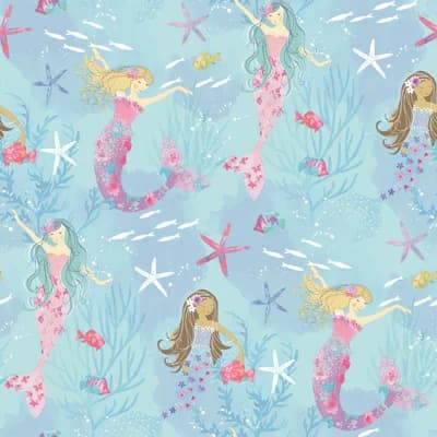 Tiny Tots 2 Glittery Mermaids Design 33' L x 21" W Wallpaper Roll — Turquoise,Hot Pink