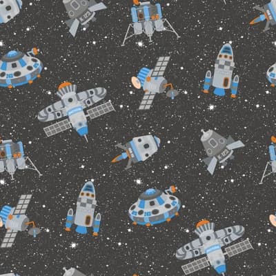 Tiny Tots 2 Glittery Spaceships Design 33' L x 21" W Wallpaper Roll — Black,Blue,Orange