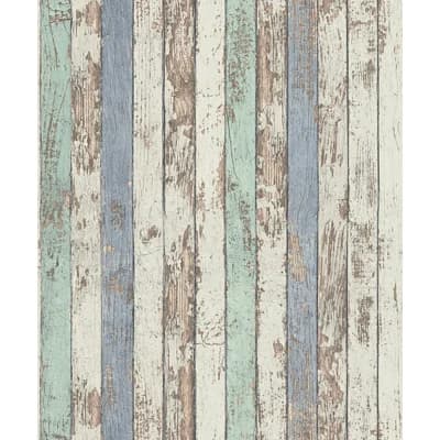 Woods and Wicker Collection Narrow Wood Stripe Effect Wallpaper Roll — Blue,White,Brown