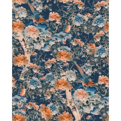 Chinese Garden Floral Non-Pasted Satin and Matte Wallpaper Roll — Blue,Red,Taupe