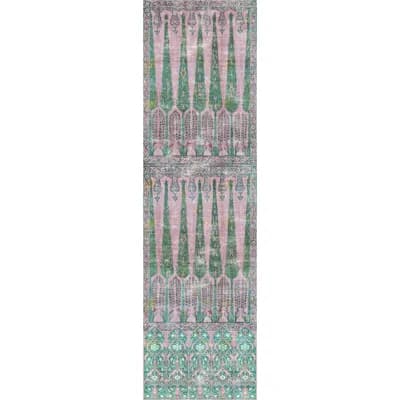 Ottoman Fantasy Ikat Grass Cloth Wallpaper — Green Pink
