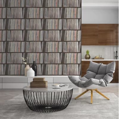 Grunge LP Record Shelf Design 33' L x 21" W Wallpaper Roll — Black,Brown,White