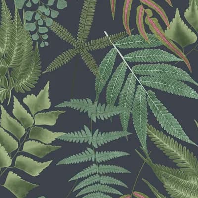 Midsummer Fern Floral Non-Pasted Satin Wallpaper Double Roll — Navy,Green