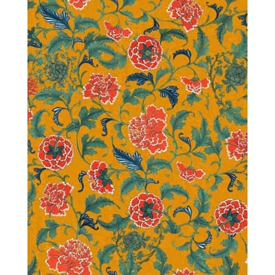 Chinese Garden Floral Non-Pasted Satin and Matte Wallpaper Roll — Ochre,Green,Red
