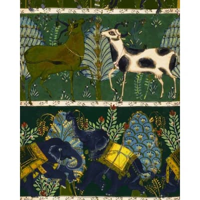 Woodstock Lifestyle Non-Pasted Satin and Matte Wallpaper Roll — Green,Indigo,Taupe,Yellow