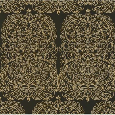 Alpana Damask Non-Pasted Wallpaper Roll — Gold,Onyx