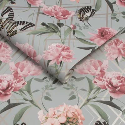 Floral Non-Pasted Metallic Wallpaper Double Roll — Gray,Pink