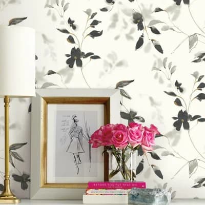 Floral Peel & Stick Matte Wallpaper Roll — White,Black,Gold