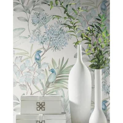 Handpainted Songbird Floral Peel & Stick Wallpaper Roll — Turquiose