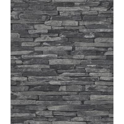 Bricks and More Collection Rocky Retreat Motif Wallpaper Roll — Black