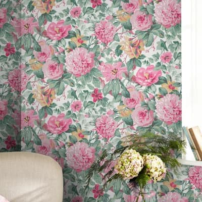 Laura Ashley Aveline Rose Wallpaper — Pink,Green,White