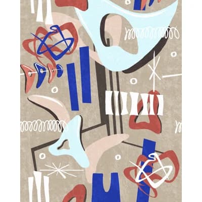 Revival (Mid Century Modern) Abstract Non-Pasted Matte Wallpaper Roll — Taupe,Blue,Red