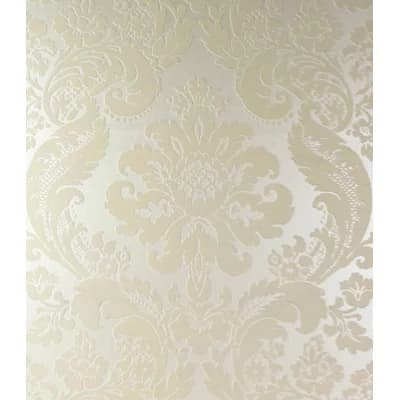 Shadow Black Flocked Damask Wallpaper — White