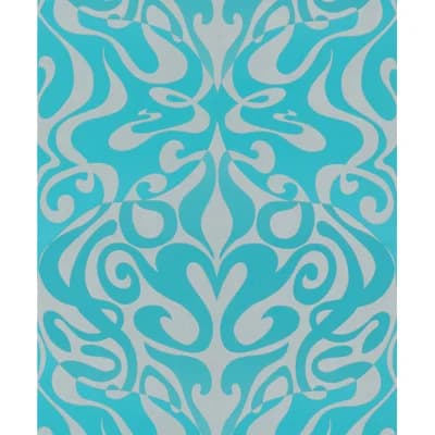 Woodstock Damask Non-Pasted Wallpaper Roll — Aqua,Gray