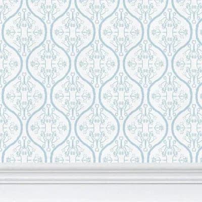 Watercolor Damask Luxury Matte Wallpaper — White,Sky Blue
