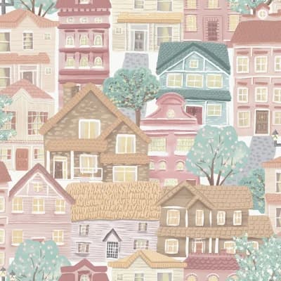 Kids and Teens Collection Whimsical Houses Wallpaper Roll — Blue