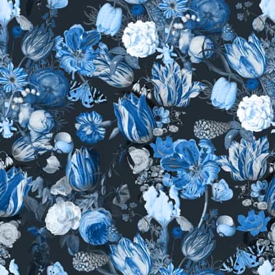 Yuki Osada Floral Non-Pasted Satin Wallpaper Double Roll — Blues,Navy