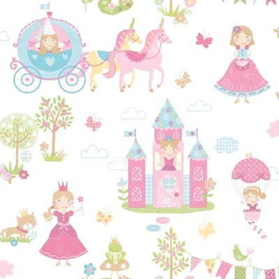 Tiny Tots 2 Fairytale Princess Design 33' L x 21" W Wallpaper Roll — Pink,Blue,White