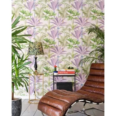Palm Springs Floral Non-Pasted Satin and Matte Wallpaper Roll — Green,Pink,Purple